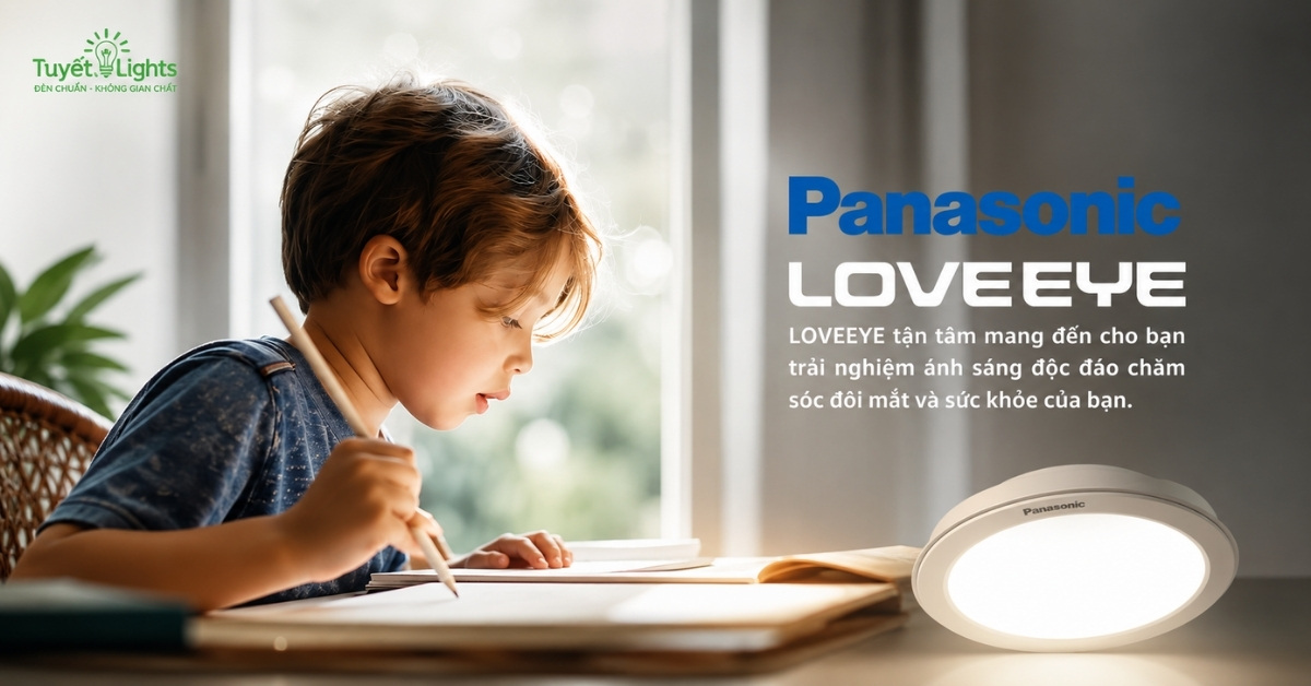 Bé trai học bài dưới ánh sáng đèn bàn chống cận Panasonic Loveeye trên bàn học